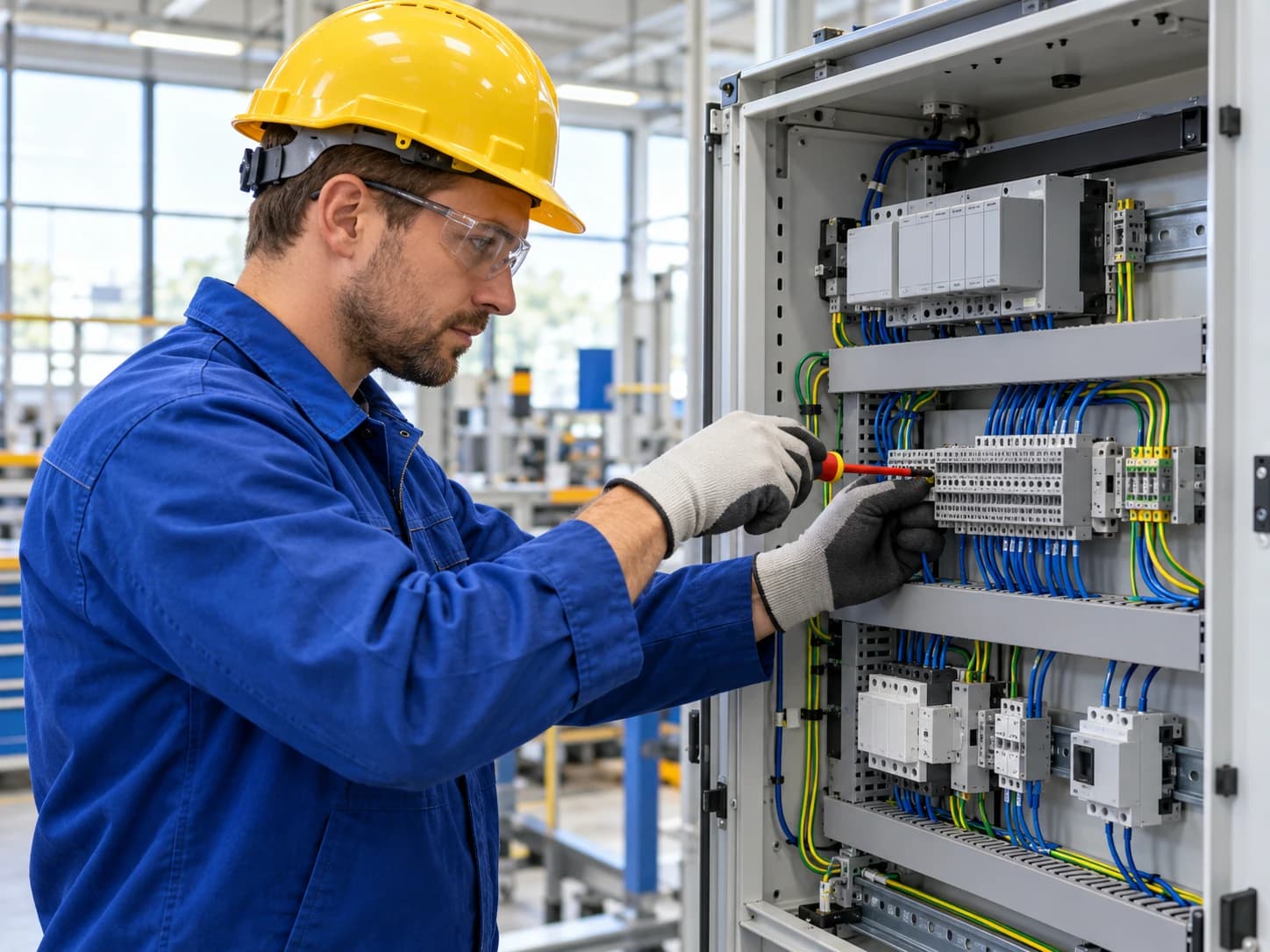 KI-Symbolbild: Industrieelektriker bei der Verdrahtung eines generischen Schaltschranks.