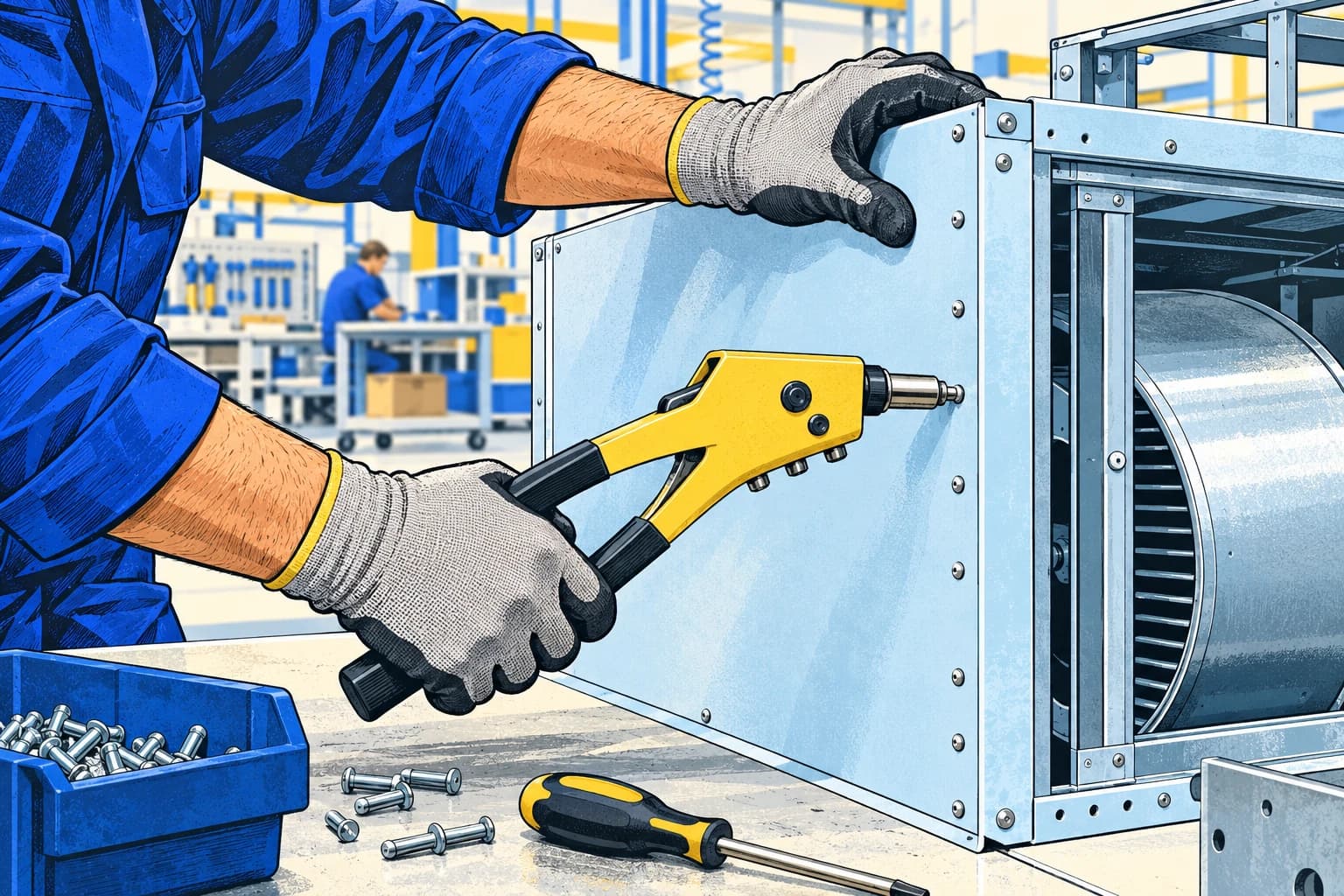 Illustration: Geschützte Hände befestigen eine Blechverkleidung mit einem Handnietgerät